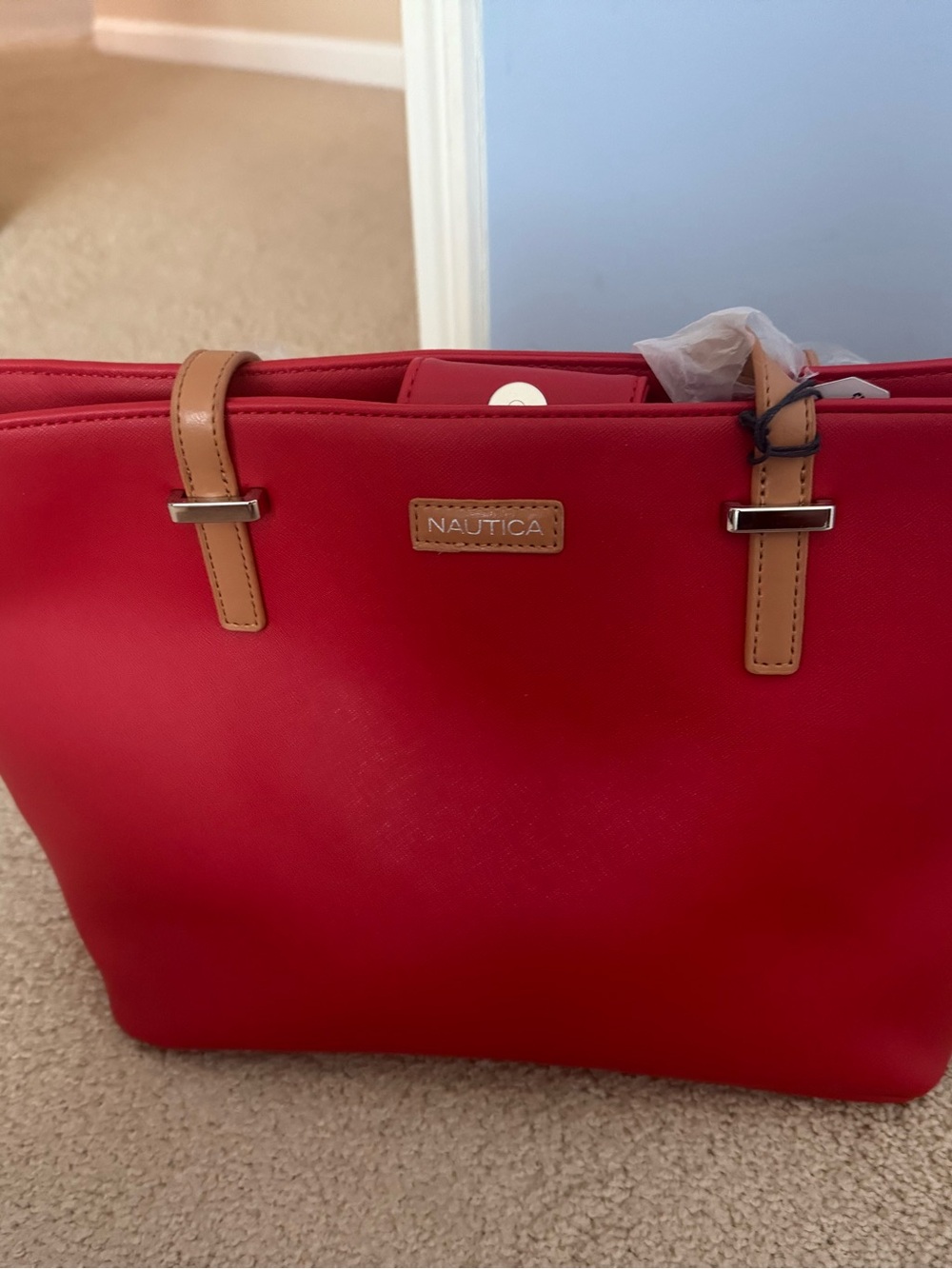 Nautica Red Tote with Tan Handles and Logo Plaque